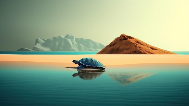 Een zeeschildpad die over het zandstrand kruipt met op de achtergrond een berg die door Ai wordt gegenereerd