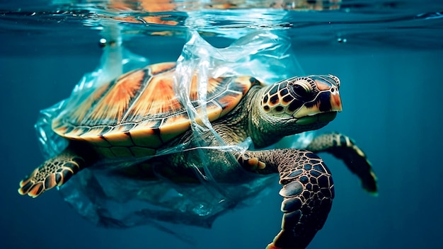 Een zeeschildpad gebukt onder een plastic zak die om zijn lichaam is gewikkeld Generatieve AI