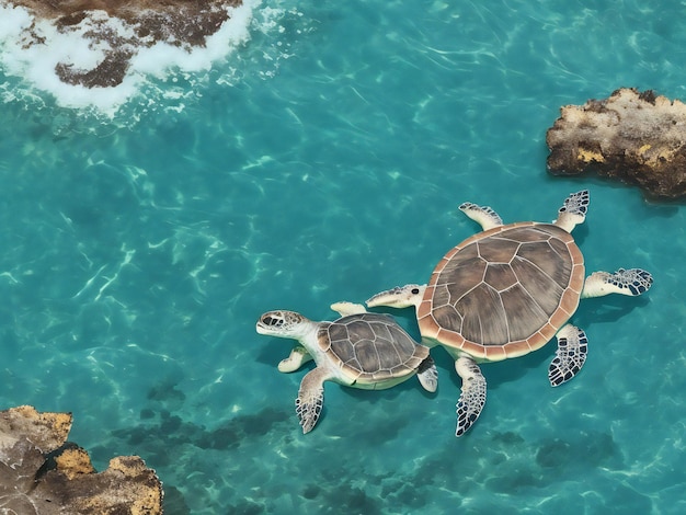 Een zeeschildpad zwemt in de oceaan voor een tropisch eiland.