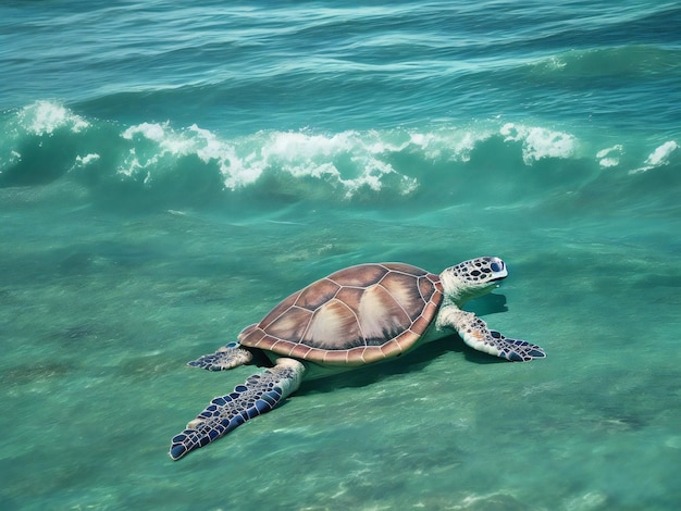 Een zeeschildpad zwemt in de oceaan voor een tropisch eiland.