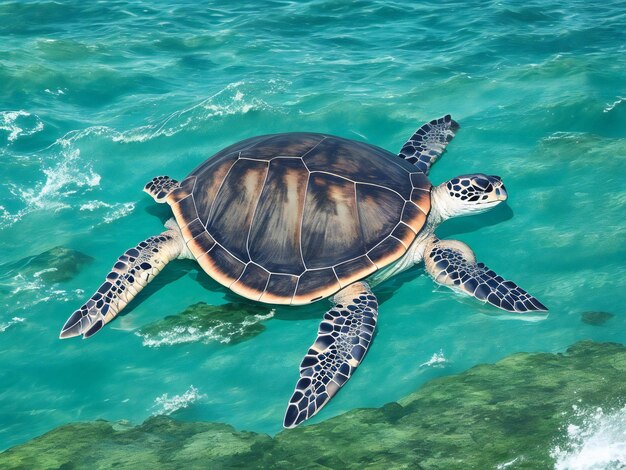 Een zeeschildpad zwemt in de oceaan voor een tropisch eiland.