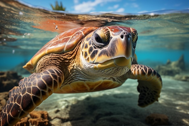 Een zeeschildpad zwerft ontspannen rond in de uitgestrekte oceaan AI generatief