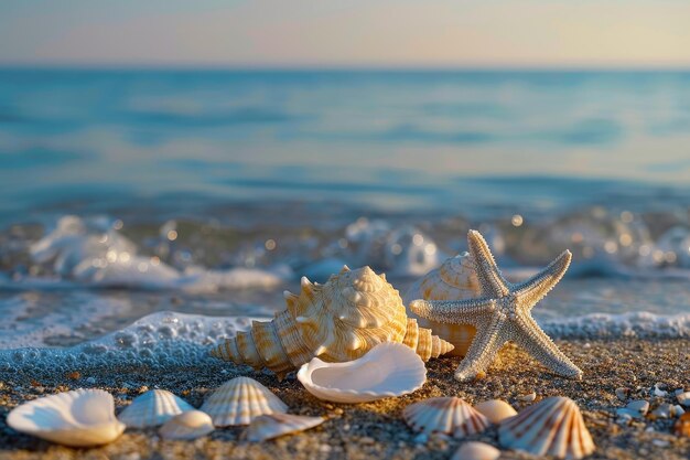 Een zeester en een schelp zijn op het strand.