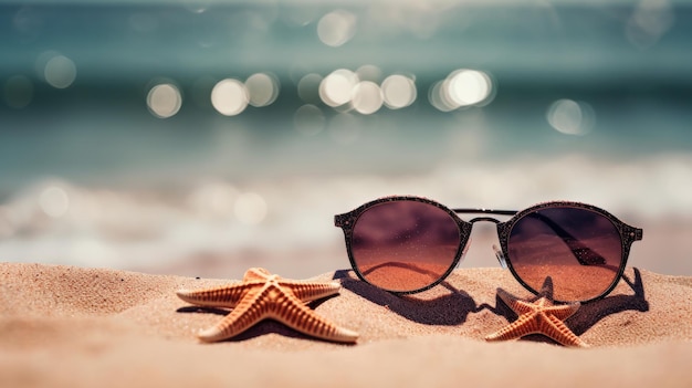 Een zeester en zonnebril zitten op een strand.