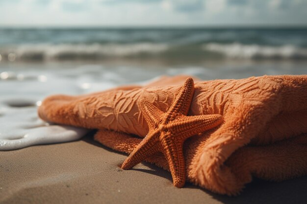 Een zeester op een strand met de oceaan op de achtergrond