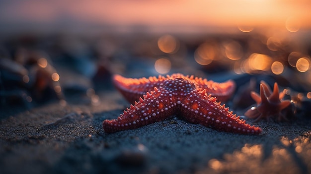 Een zeester op het strand bij zonsondergang