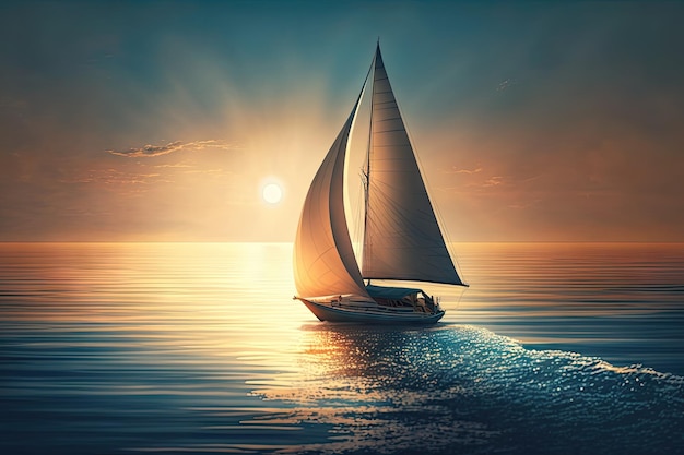 Een zeilboot die over een kalme blauwe zee gleed, de ondergaande zon erachter creëerde met generatieve ai