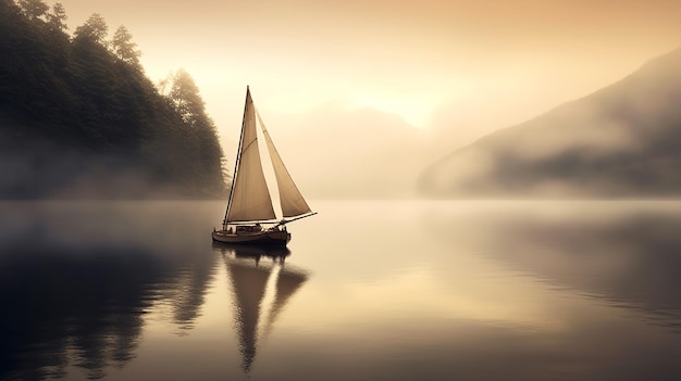 Foto een zeilboot drijft in de mist op een serene meer omringd door mist die een rustige sfeer creëert