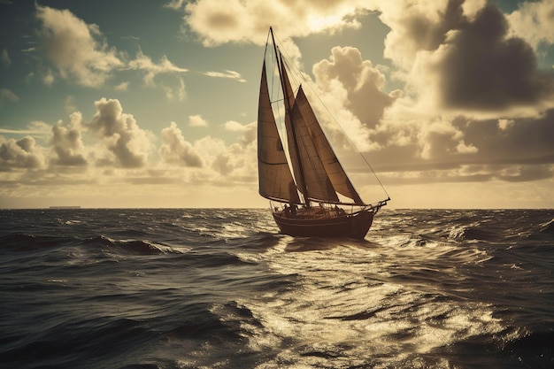 Een zeilboot in de oceaan met de zeilen naar beneden.