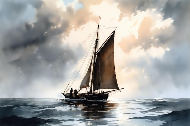 Een zeilboot in de oceaan met een bewolkte hemel