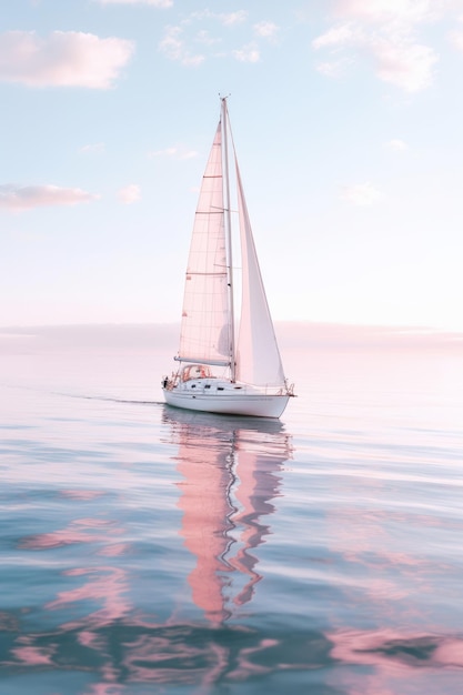 Een zeilboot in het water met op de bodem het woord zee.