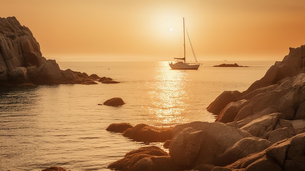 Een zeilboot ligt bij zonsondergang voor anker in het water.