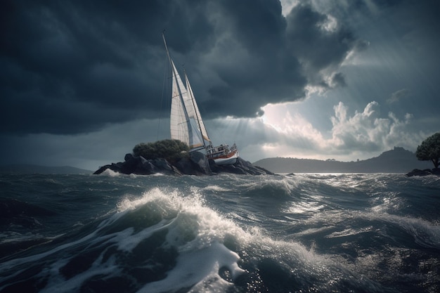 Een zeilboot op een klein eiland in de oceaan