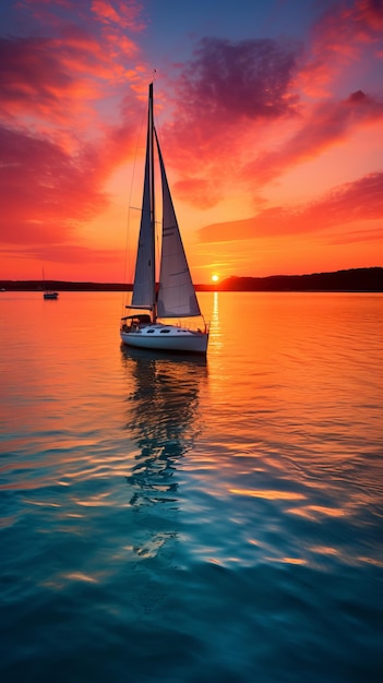 Een zeilboot op een meer bij zonsondergang met een levendige rood-oranje en gele lucht en blauw water