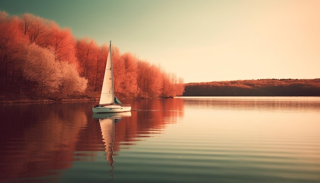 Een zeilboot op een meer met een zonsondergang op de achtergrond.