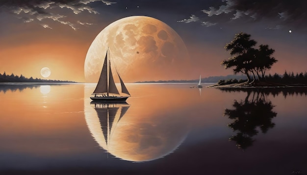 Een zeilboot op een rustig water met een grote gedetailleerde maan op de achtergrond tijdens de schemering