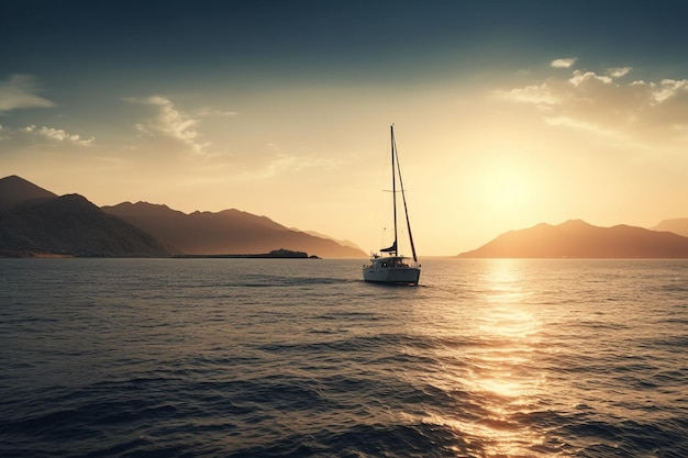 Een zeilboot vaart in de zee bij zonsondergang.