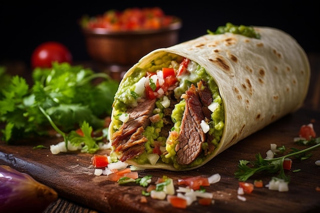 Een zelfgemaakte gourmet taco gerold met vers vlees en groenten