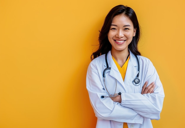Een zelfverzekerde Aziatische vrouwelijke arts die met gekruiste armen staat en glimlacht