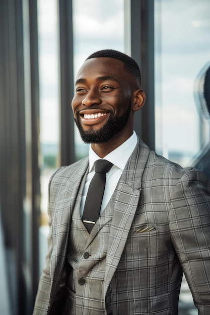 Een zelfverzekerde bedrijfsleider in een formeel pak die in een modern kantoor staat hun glimlach die succes en visionair leiderschap overbrengt in een diverse bedrijfsomgeving