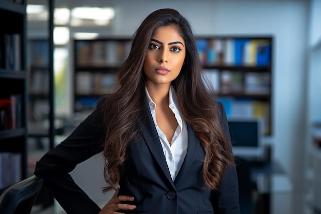 Een zelfverzekerde jonge Indiase zakenvrouw in een zakelijk pak die in een kantoor staat