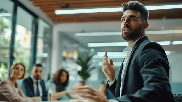 Een zelfverzekerde jonge zakenman geeft een presentatie aan zijn collega's in een modern kantoor