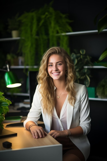 Een zelfverzekerde jonge zakenvrouw zit aan haar bureau in een modern kantoor.