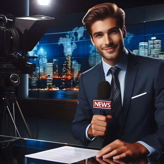 Een zelfverzekerde nieuwsverslaggever die een uitzending uit een televisie-studio levert