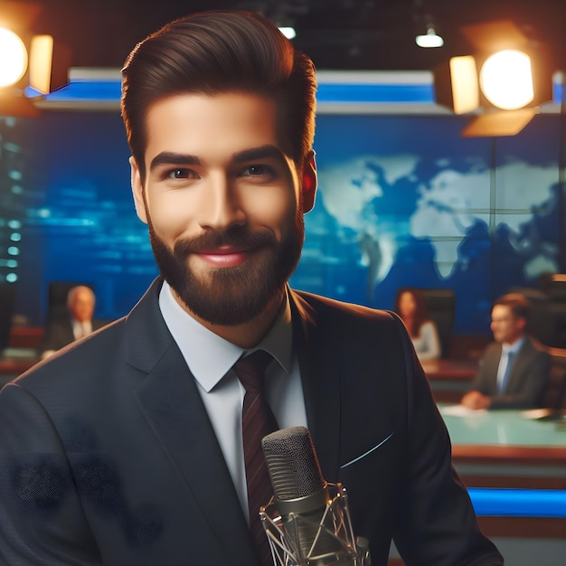 Een zelfverzekerde nieuwsverslaggever die een uitzending uit een televisie-studio levert