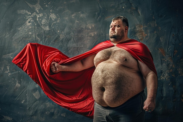 Een zelfverzekerde superheldpose van een man in een rode cape vangt een speels beeld op