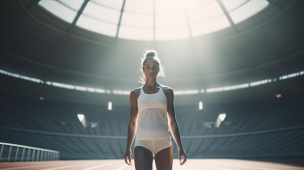 Een zelfverzekerde vrouwelijke atleet die in een stadion staat voorbereid en geconcentreerd