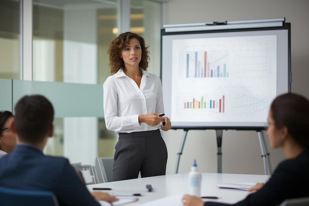 Een zelfverzekerde vrouwelijke kantoormedewerker Executive Banker maakt een presentatie met behulp van een whiteboardprojector