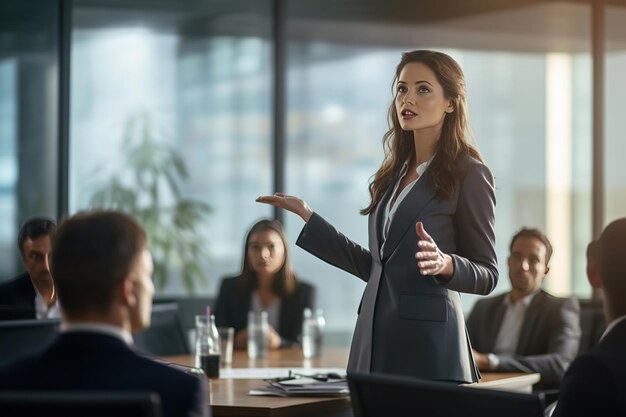 Een zelfverzekerde vrouwelijke leidinggevende geeft op meesterlijke wijze een zakelijke presentatie in een vergaderzaal