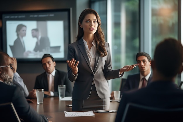 Een zelfverzekerde vrouwelijke leidinggevende geeft op meesterlijke wijze een zakelijke presentatie in een vergaderzaal