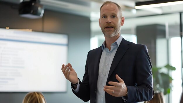 Foto een zelfverzekerde zakenman die een presentatie geeft in een modern kantoor