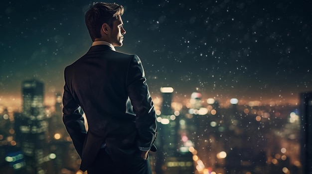 Een zelfverzekerde zakenman op het dakterras met het adembenemende nachtzicht Generative AI