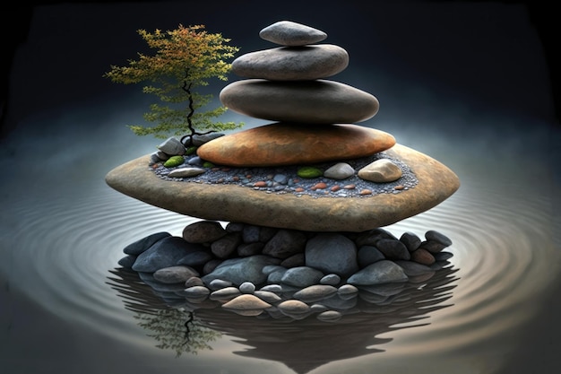 Een zen-rots met een boom erop