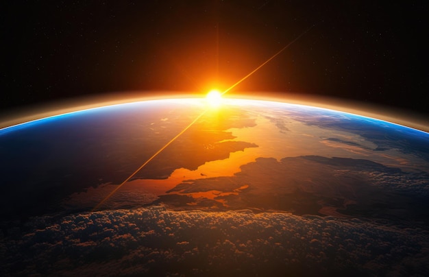 Een zicht op de aarde vanuit de ruimte met de ondergaande zon boven de horizon.