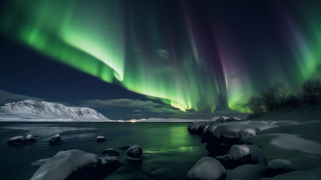 Een zicht op de aurora borealis over een besneeuwde berg