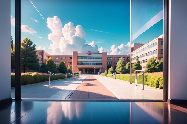 Foto een zicht op de campus vanaf de buitenkant van het gebouw