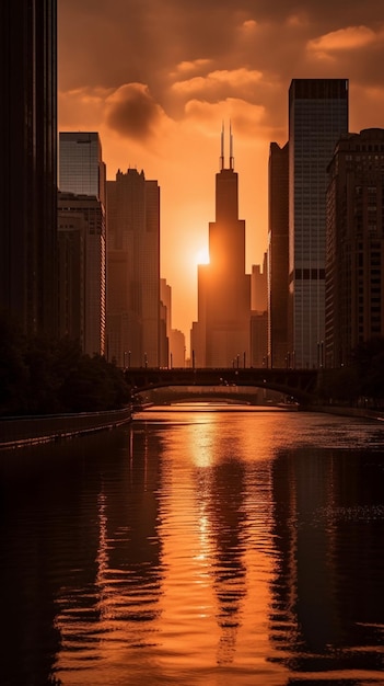 Een zicht op de skyline van Chicago vanaf de rivier de Chicago.
