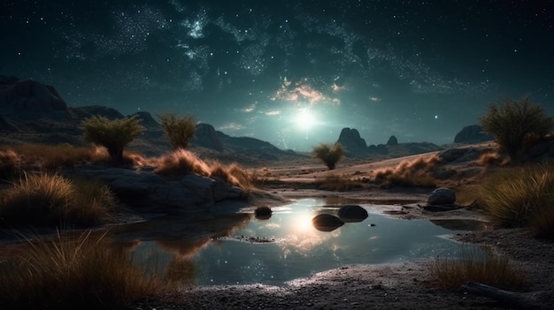 een zicht op een beekje in een woestijn met een met sterren gevulde hemel generatieve ai