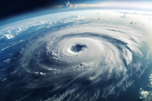 een zicht op een orkaan vanuit de ruimte met een zon op de achtergrond