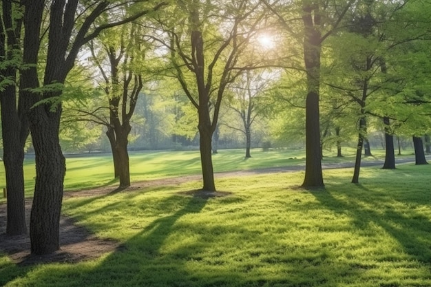 een zicht op een park met bomen en gras en een pad generatieve ai