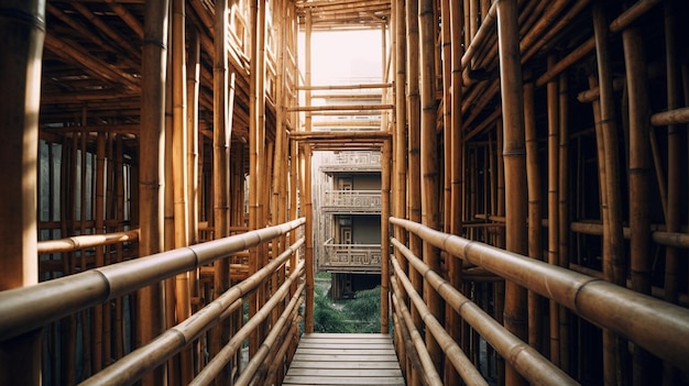 een zicht op een smalle loopbrug tussen twee bamboegebouwen generatieve ai