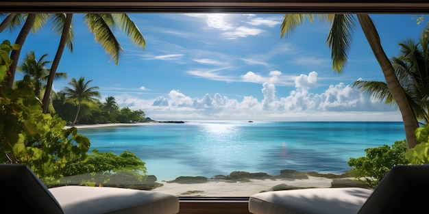 een zicht op een tropisch strand door een raam Raam uitzicht vanuit het raam van het resort