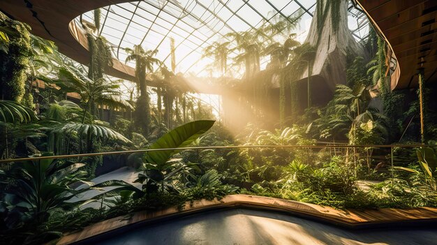 Een zicht op een tropische tuin met planten en een dakraam