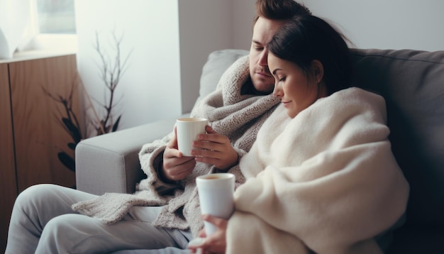 Een ziek stel zit op de bank met mokken thee gewikkeld in warme dekens