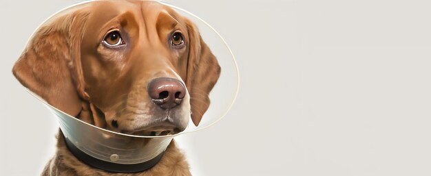 Een zieke hond zit met een medische halsband op een achtergrond van groen gras gegenereerd door AI