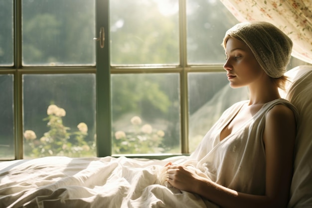 Een zieke jonge vrouw zit bij het heldere, door de zon verlichte raam en geniet van het groene uitzicht.